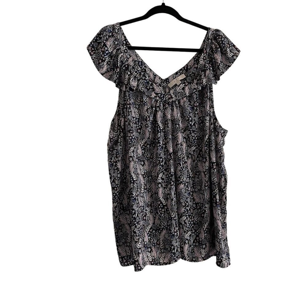 Loft Plus Women SZ 26 Black Botanical Print V-Neck Ruffle Sleeveless Blouse